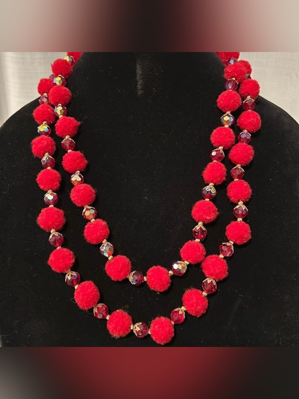 Vintage Signed Vendome Red Wool Pom & AB Crystal Double Strand Necklace